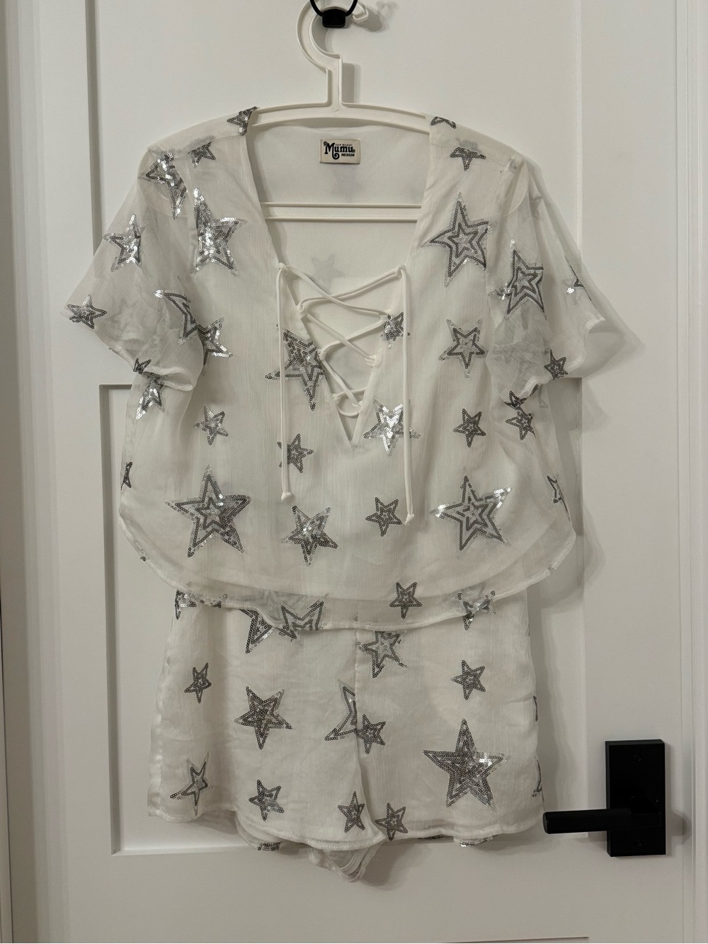 Show Me Your MuMu White Star Sequins two piece top & shorts Set FESTIVAL CONCERT